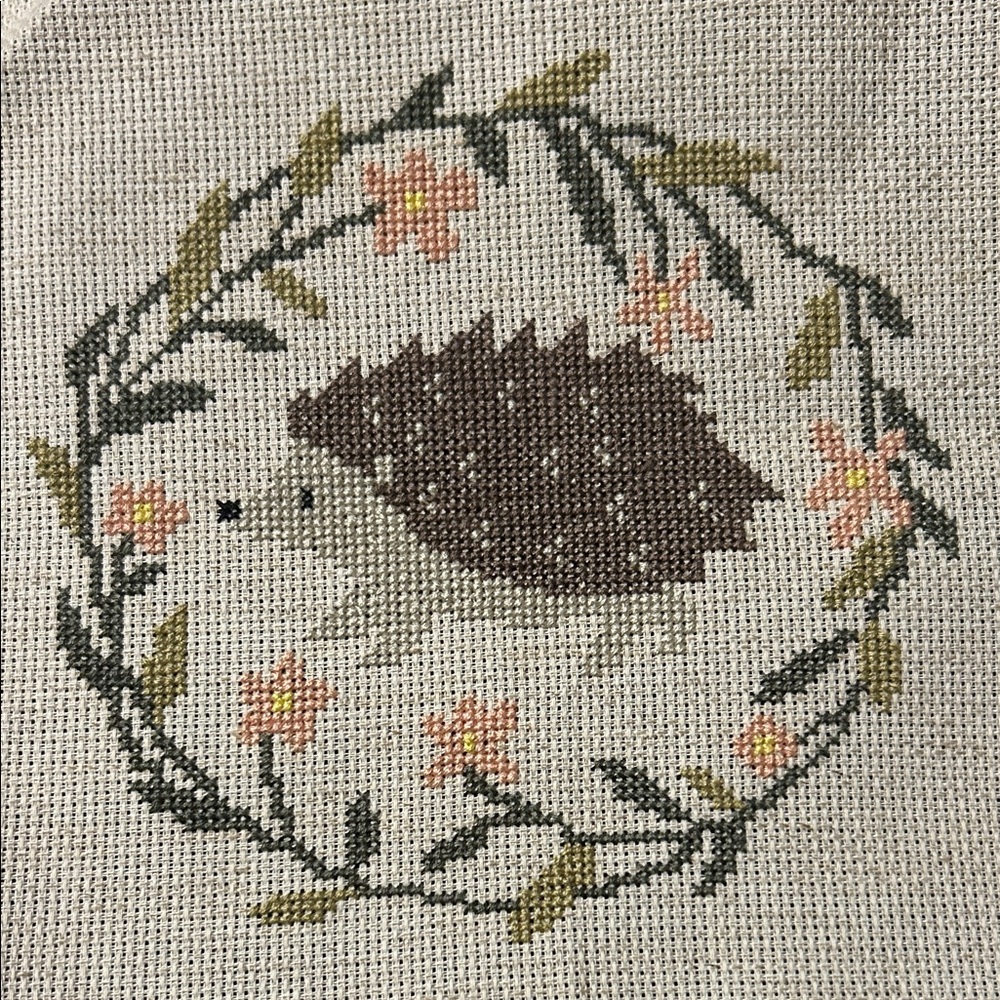 Hedgehog Embroidery Wall Art - Floral Brown and Green